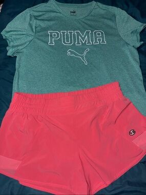 Puma Teal Green Logo Tee with Champion Coral Pink Athletic Shorts